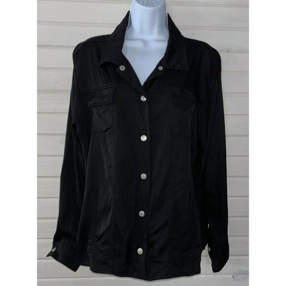 VTG Chicos Design Sz 3 (XL) Shiny Black Snap Front Shirt Jacket Stretch EUC - Picture 2 of 9